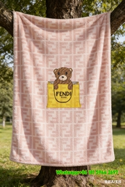 Fendi Teddy Bear in Yellow Bag Pink FF Monogram Flannel Sofa Throw Blanket IMG_9448